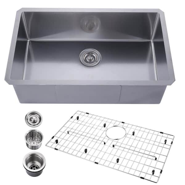 32 in. Undermount Single Bowl 18-Gauge Gunmetal Stainless Steel Kitchen Sink with Bottom Grids in Brushed Nickel
