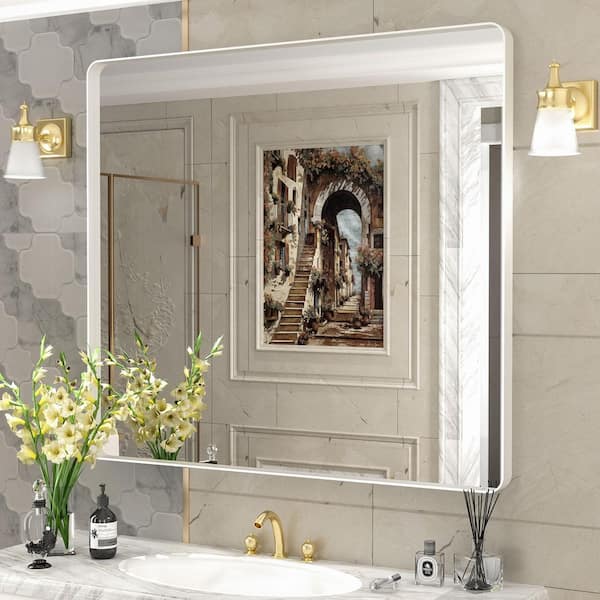 GODCHAR 40 in. W x 36 in. H Rectangular Aluminum Alloy Frame with Inner Deep Design and Tempered Glass Wall Mirror in White