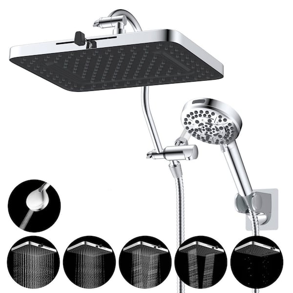 5-Spray 13 in. Dual Wall Mount Fixed and Handheld Shower Head 1.8 GPM in Chrome with 12 in. Extension Arm