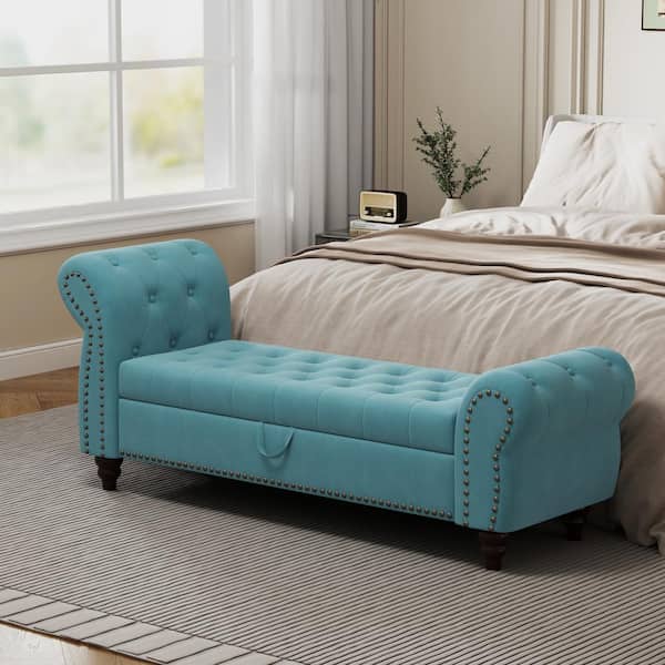 Harper & Bright Designs Lake Blue Modern Nails Tufted Armed Storage Bedroom Bench 28.7 in. H x 64.5 in. W x 19.3 in. D