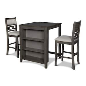 Gia 3-Piece Solid Wood Counter Set with 30 in. Counter Table with Storage Shelf and 2 Chairs, Gray