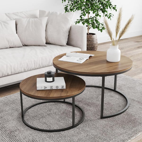 Nathan James Stella Reclaimed Oak Black Round Modern Nesting Stacking Accent Industrial Wood Metal Cocktail Coffee Table Set Of 2 34002 The Home Depot