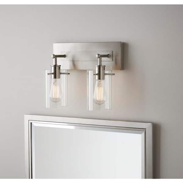 Hampton Bay Regan 12.75 in. 2-Light Brushed Nickel Vanity Light with Clear Glass Shades