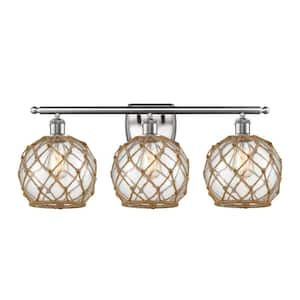 Farmhouse Rope 26 in. 3-Light Brushed Satin Nickel, Clear Glass with Brown Rope Vanity Light with Clear Glass Shade