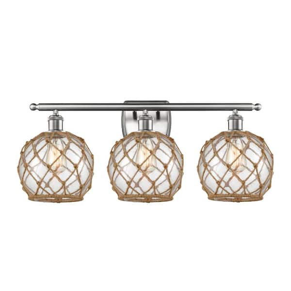 Farmhouse Rope 26 in. 3-Light Brushed Satin Nickel, Clear Glass with Brown Rope Vanity Light with Clear Glass Shade