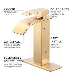 Waterfall Single Hole Single-Handle High-Arc Bathroom Faucet with Supply Line and Deckplate in Brushed Gold