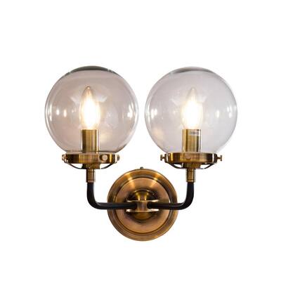 2-Lights Modern Glass Ball Vanity Lights Antique Brass Candlestick Wall Sconce