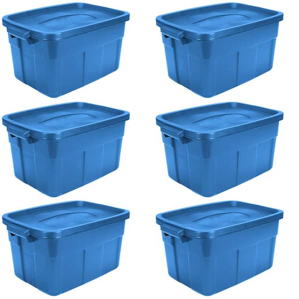 Unbranded 14 Gal. Plastic Durable Storage Bin with Lid in Blue (6-Pack)