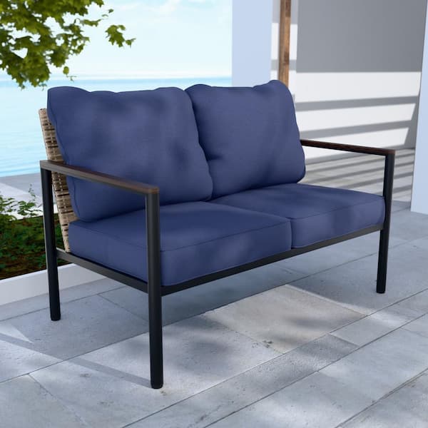 Light Brown Wicker Outdoor Patio Loveseat in Steel Frame with Blue Cushions