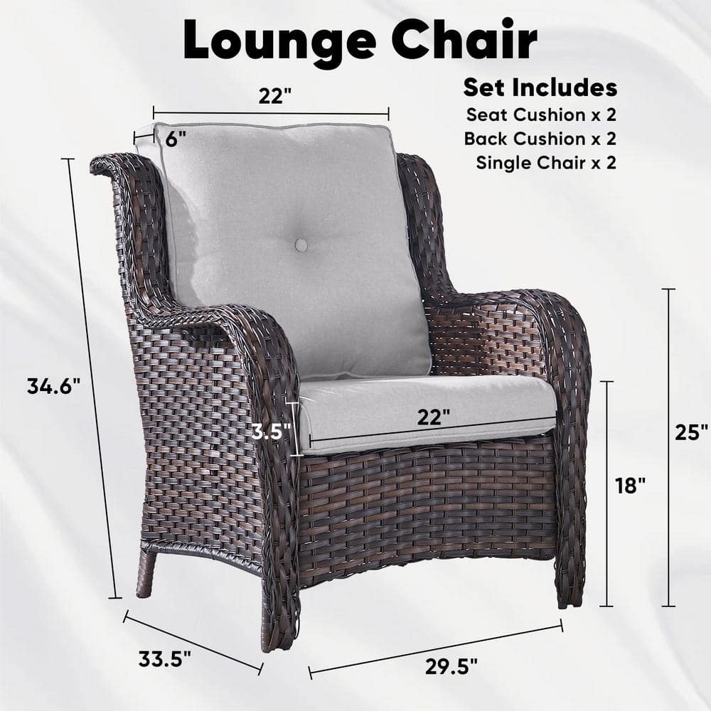 Brown Wicker Lounge Chair with Beige Cushions, Set of 2