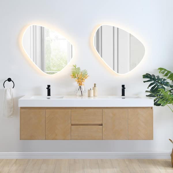 Altair Siena 72 in. W Double Sink Floating Bath Vanity in Light Brown with White Stone Top and Mirror