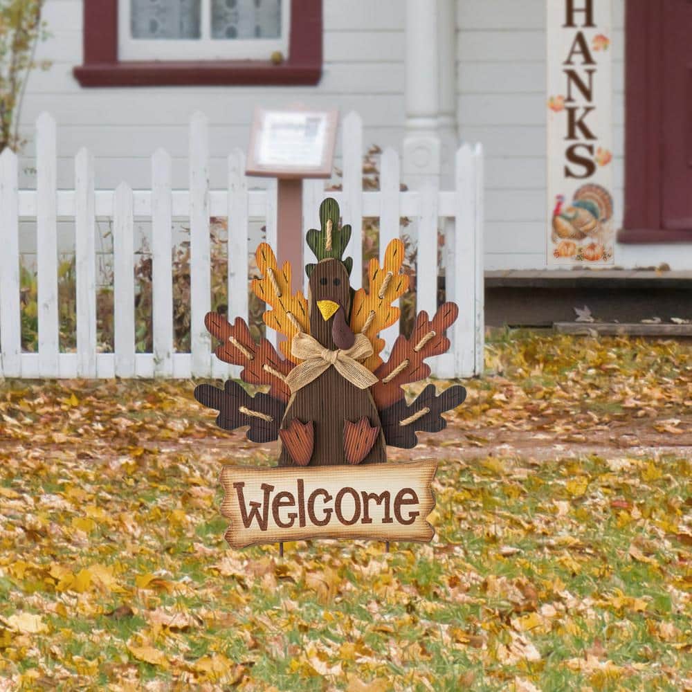 Glitzhome 23.62 in. H Burlap/Wooden Turkey Welcome Sign or Yard Stake ...