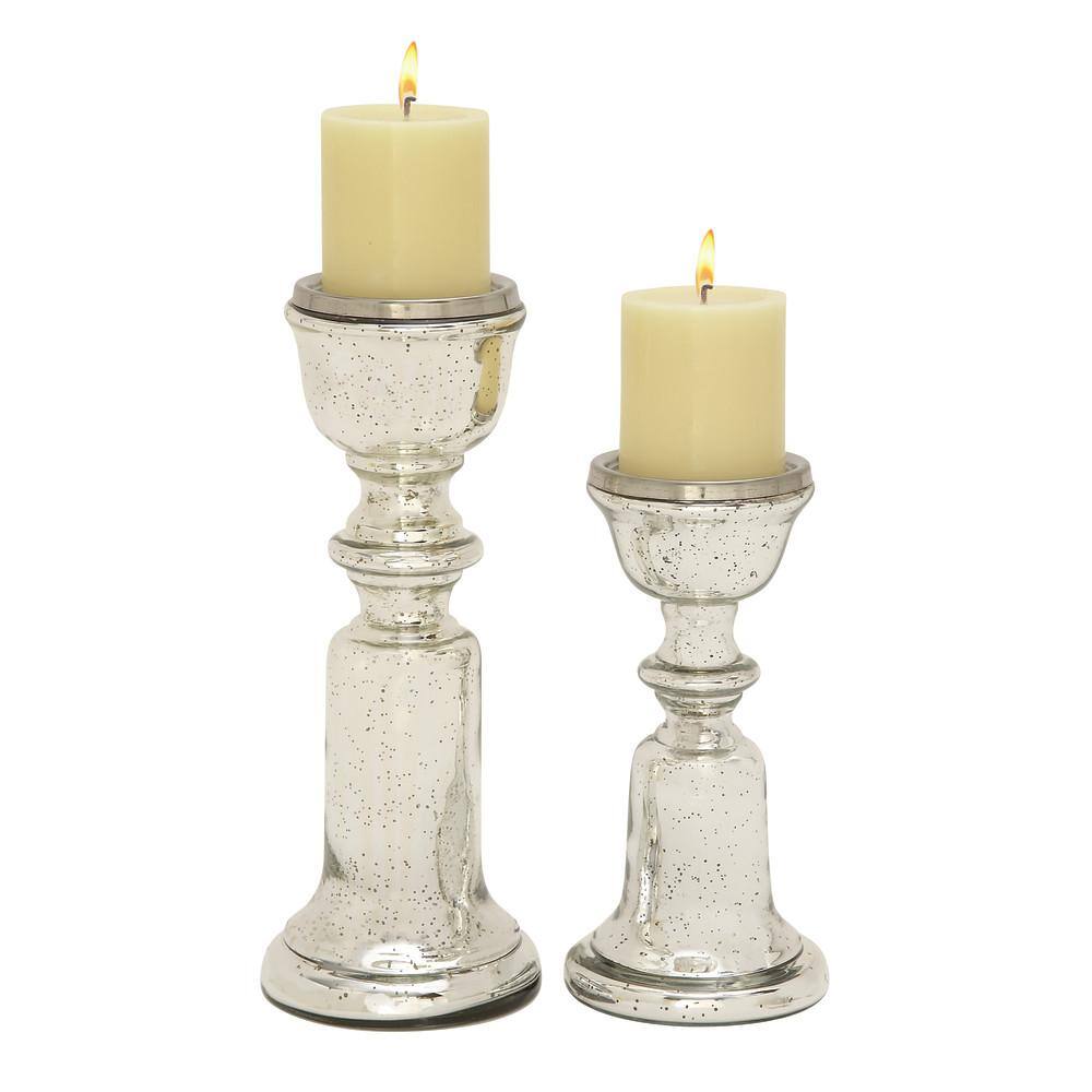 Silver Glass Pedestal Pillar Candle Holders, Set of 2
