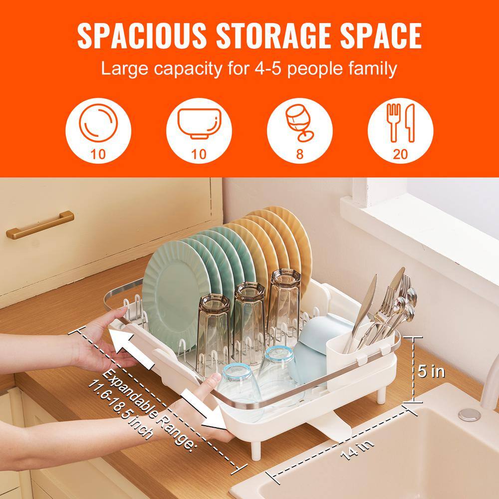 Expandable White and Stainless Steel Dish Drying Rack with Utensil Cup