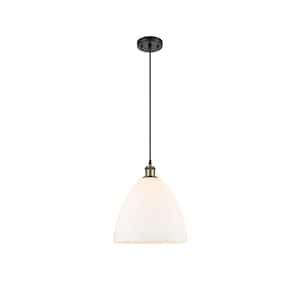 Bristol Glass 60-Watt 1 Light Black Antique Brass Shaded Mini Pendant Light with Frosted glass Frosted Glass Shade