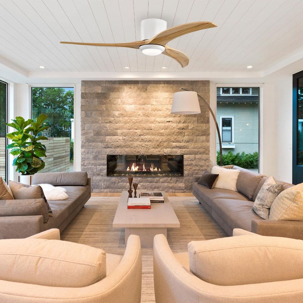 52 in. Indoor White Ceiling Fan with Light and Remote, Wood Blades Flush Mount Ceiling Fan for Patio Living Room price history on PriceWatchPro