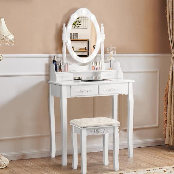 29.5 in. W x 16 in. D x 57.5 in. H White Makeup Vanity Dressing Table Set with 10-Dimmable Bulbs Cushioned Stool