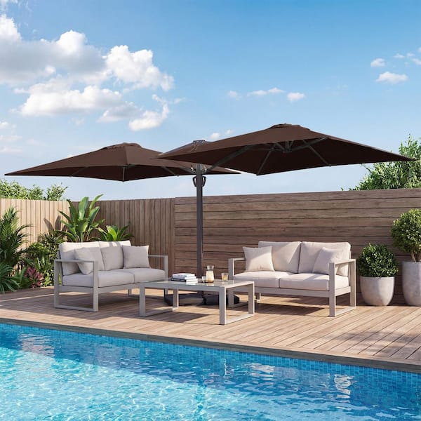 10 ft. X 10 ft. Double-Sided Aluminum Cantilever Patio Umbrella With Base and Tilt in Brown