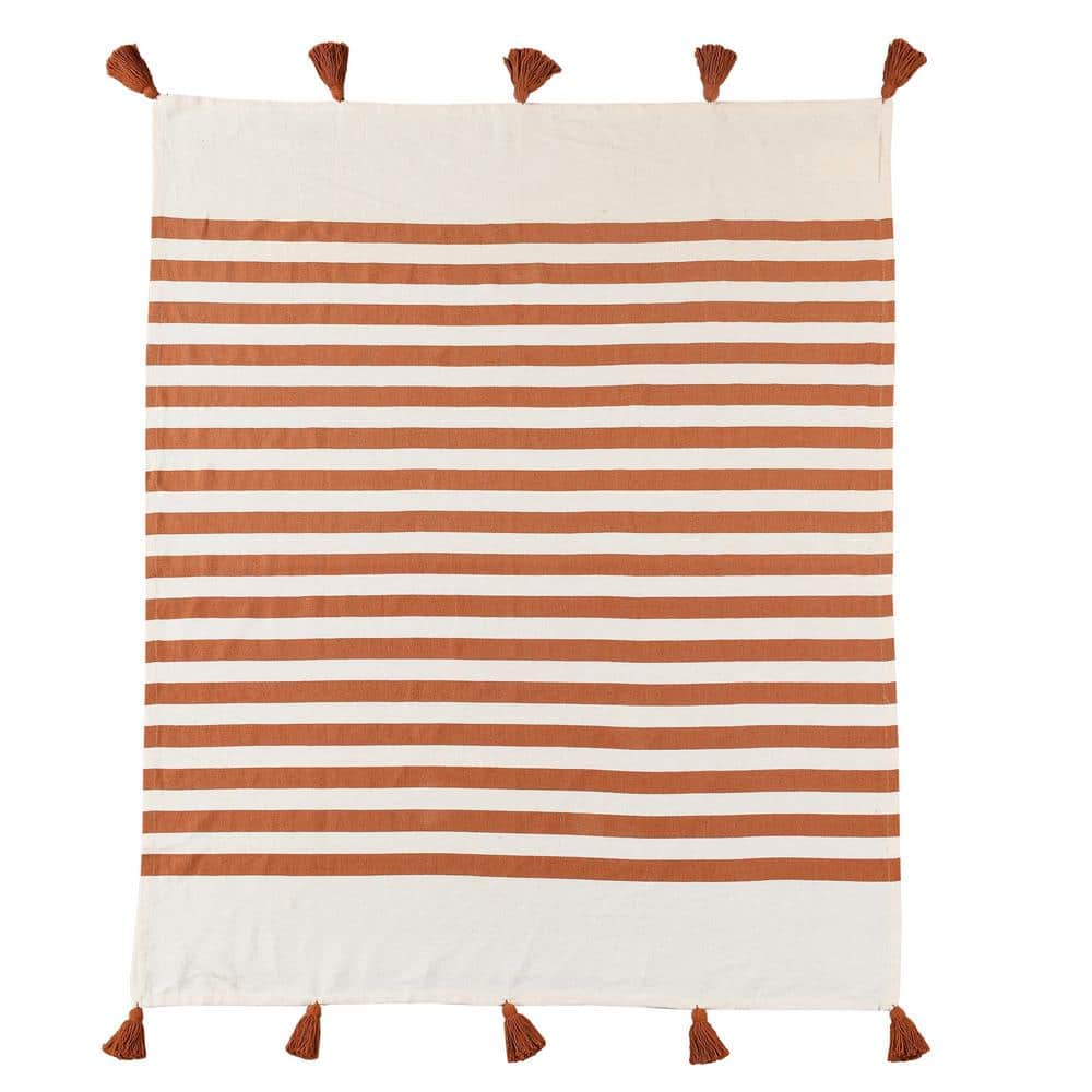 Bay Adobe Orange/White Hand-Woven Striped Coastal All Natural Cotton Throw 