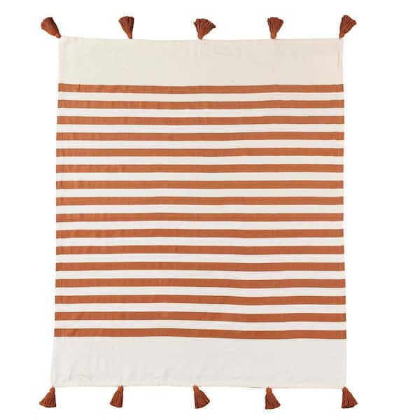 Unbranded Bay Adobe Orange/White Hand-Woven Striped Coastal All Natural Cotton Throw Blanket