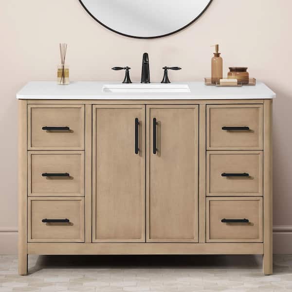 Solas 48 in. Single Sink Freestanding Sahara Birch Bath Vanity with White Engineered Stone Top