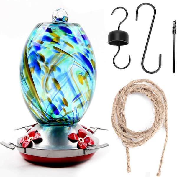ATENGNES Outdoor Blue Hand-Blown Glass Hanging Hummingbird Nectar Water Wild Bird Feeder Include Hook and Hanging Wires
