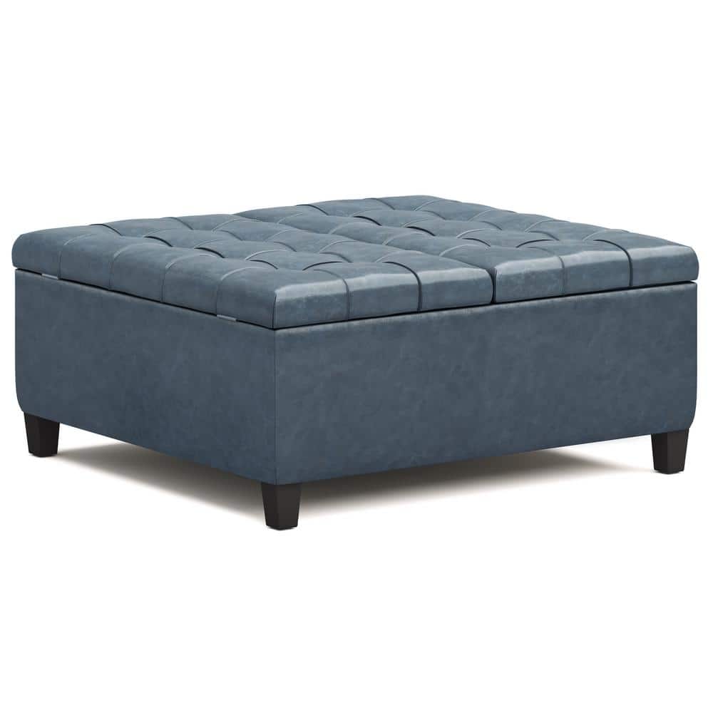 Denim Blue Faux Leather Tufted Cocktail Storage Ottoman, 36 Inch