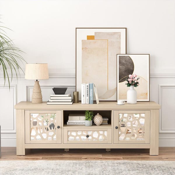 55 in. Retro TV Stand Media Entertainment Center with Mirror Doors and Drawer Natural