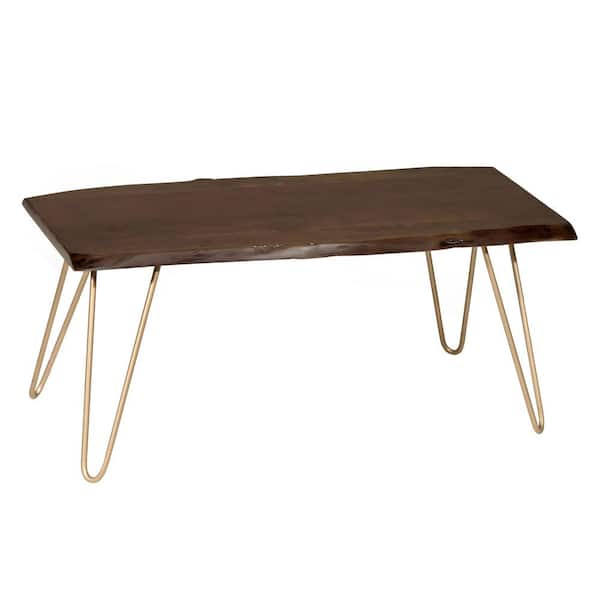 Carolina Forge 40 in. Elm/Gold Rectangle Wood Top Coffee Table with Live Edge
