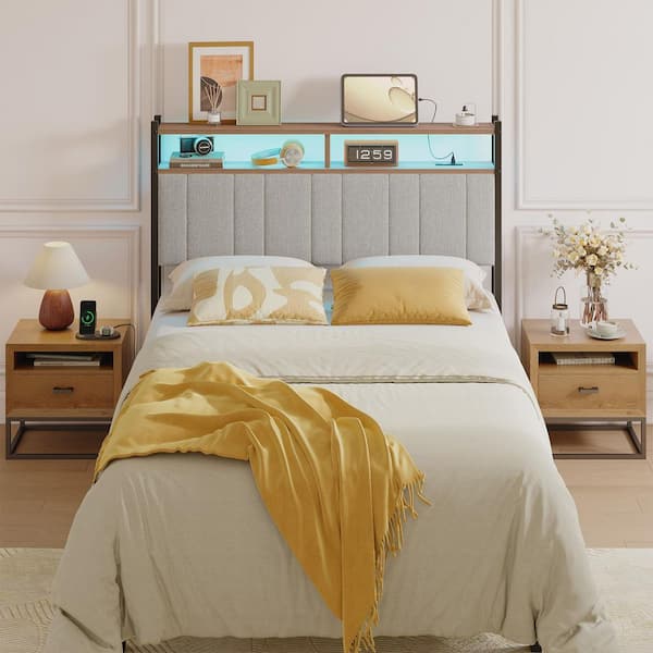 PINMOCO Gray Full Linen Upholstered Storage Headboard LED Headboard with Charging Station