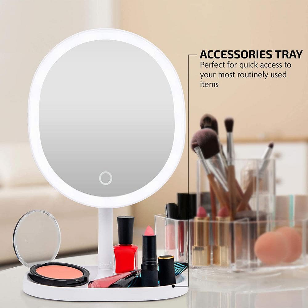 White Oval LED Lighted Magnifying Makeup Mirror with Tray