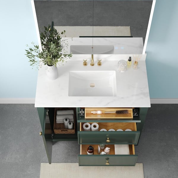 42 in. Single Sink Freestanding Vintage Green Bath Vanity with White Engineered Stone Top and Backsplash Assembled