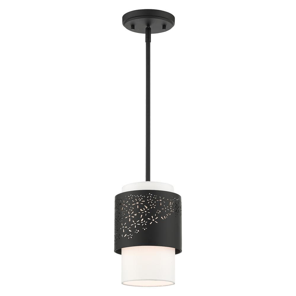 Noria Black Steel Drum Pendant with Off-White Fabric Shade