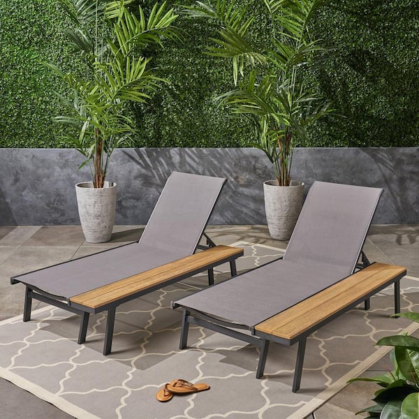 Misopily Gray Outdoor Chaise Lounge with Attached Wood Side Table (2-Pack)