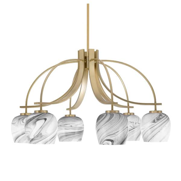 Unbranded Olympia 17.75 in. 6-Light New Age Brass Downlight Chandelier Onyx Swirl Glass Shade