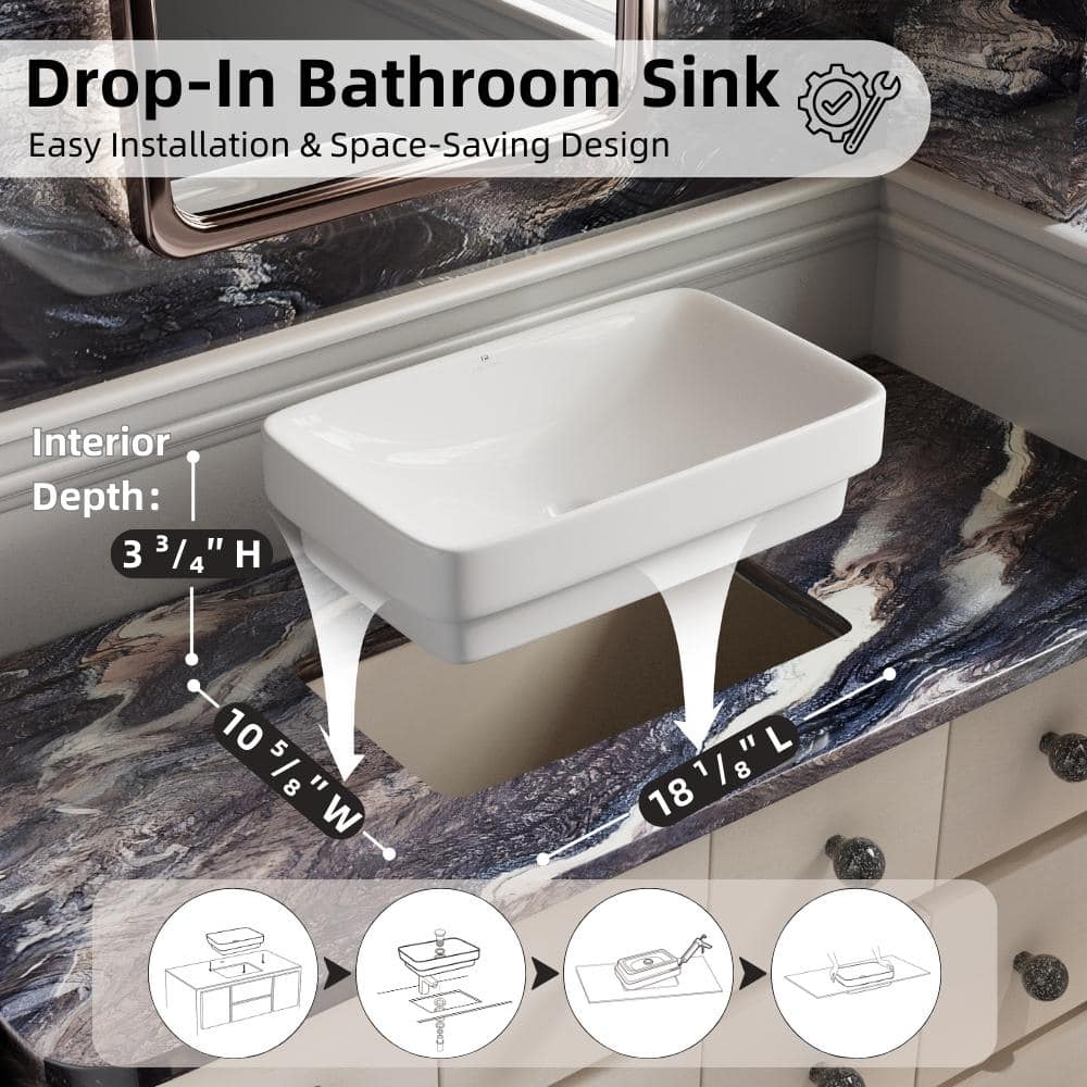 Glossy White Ceramic Rectangular Drop-In Bathroom Sink