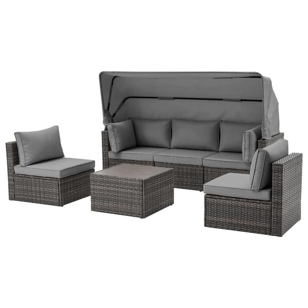 Unbranded 6 Pieces All Weather Wicker Outdoor Patio Conversation Couch Set Adjustable Canopy and Backrest, with Gray Cushions