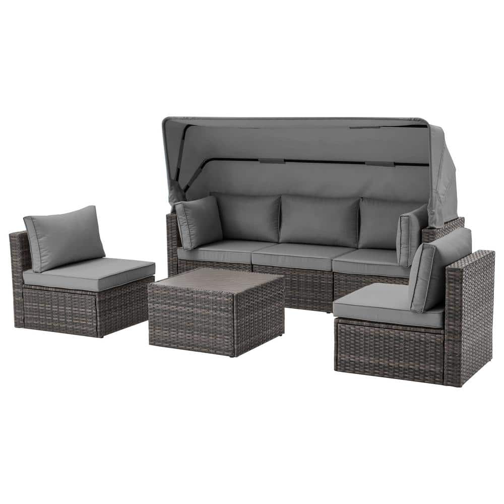 6-Pieces Gray All Weather Wicker Patio Conversation Couch Set Outdoor Adjus