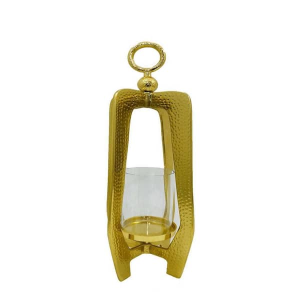 Benjara Gold Tabletop Lantern, Antique Shape, Glass Body, Gold Metal Frame
