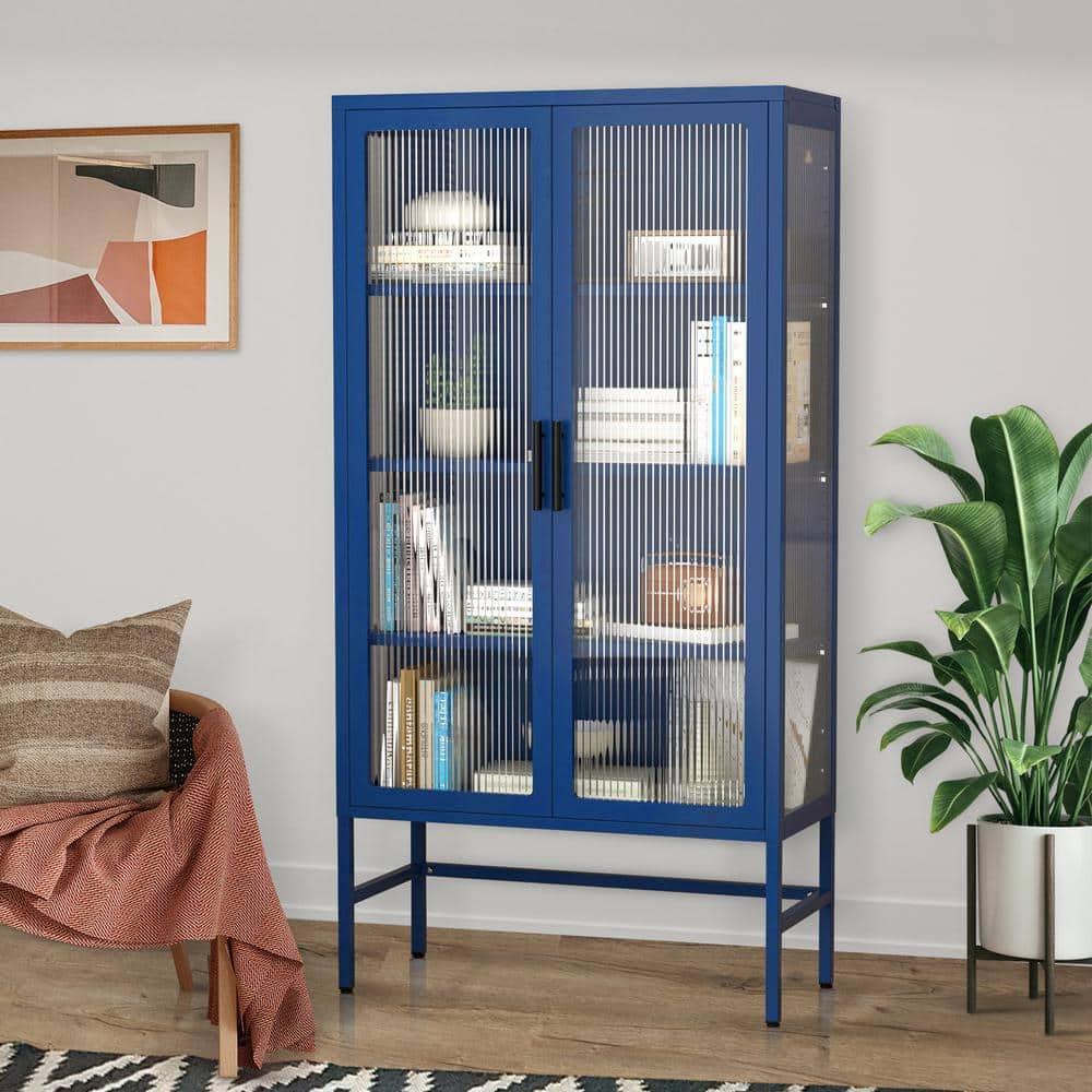 Modern Double Glass Door Display Case Blue 3-Shelf Metal Pantry Organizer S
