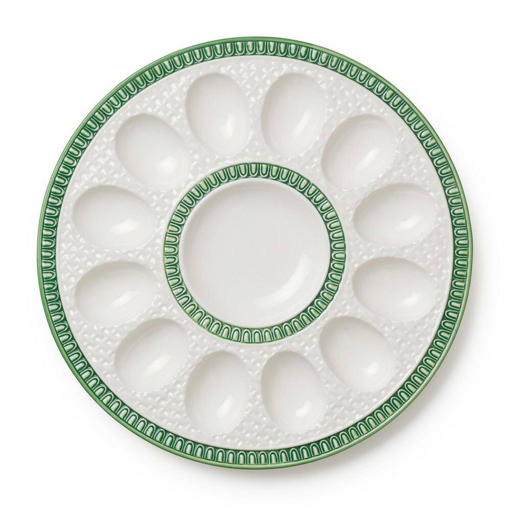 Le Jardin 12.25 in. W x. 875 in. H x 12.25 in. D. Green and White Stoneware Embossed Rattan Egg Plate Serving Tray price history on PriceWatchPro