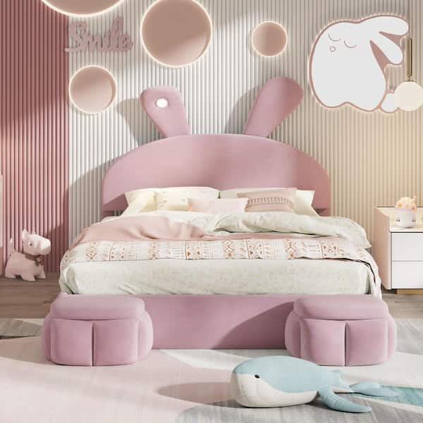 Pink Wood Frame Full Upholstered Platform Bed with Cartoon Ears Shaped Headboard and Light