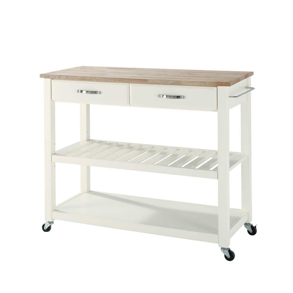 White and Natural Light Wood Kitchen Cart with Wine Rack