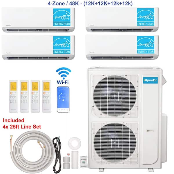 4-Zone ENERGY STAR Wi-Fi 48K BTU 230V 21 SEER2 Mini Split AC w/ Heat Pump + 12K+12K+12K+12K BTU Heads 25 ft. lineset x 4