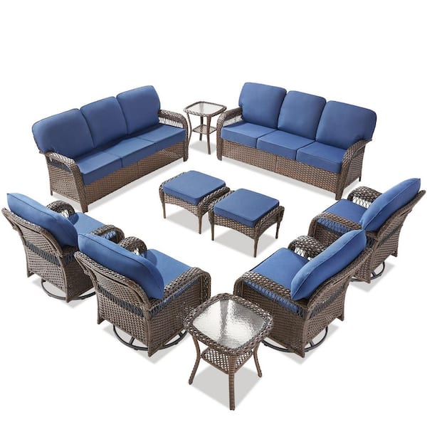 10-Piece Wicker Patio Conversation Set, Outdoor Chairs with Blue Cushions