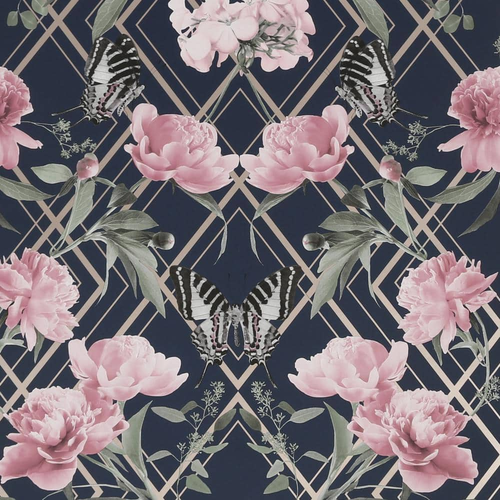 Botanical Trellis Navy and Pink Unpasted Removable Peelable Paper ...