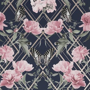 Botanical Trellis Navy and Pink Unpasted Removable Peelable Paper Wallpaper