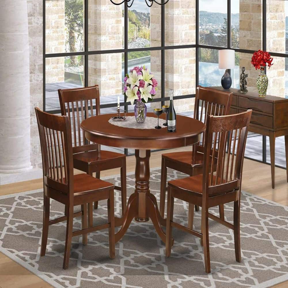 Mahogany Finish Round Dining Table with 4 High Back Chairs