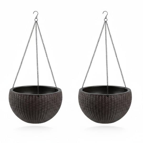 Large 13.4 in. Dia Brown Plastic Hanging Basket Rattan-Inspired Planter