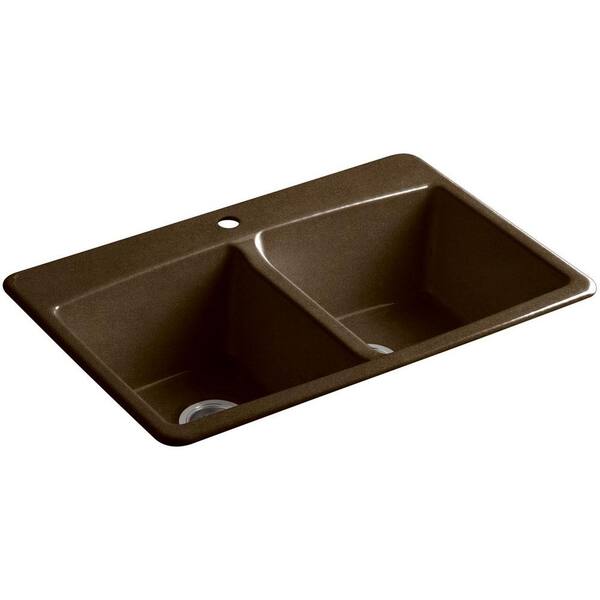 KOHLER Brookfield Drop-In Cast-Iron 33 in. 1-Hole Double Basin Kitchen Sink in Black 'n Tan